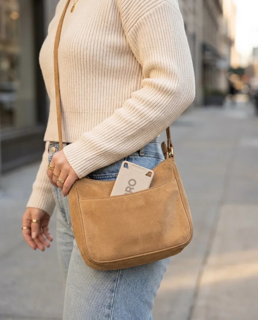 The Pistachio Shell VORO card peeking from the front pocket of a suede crossbody bag.