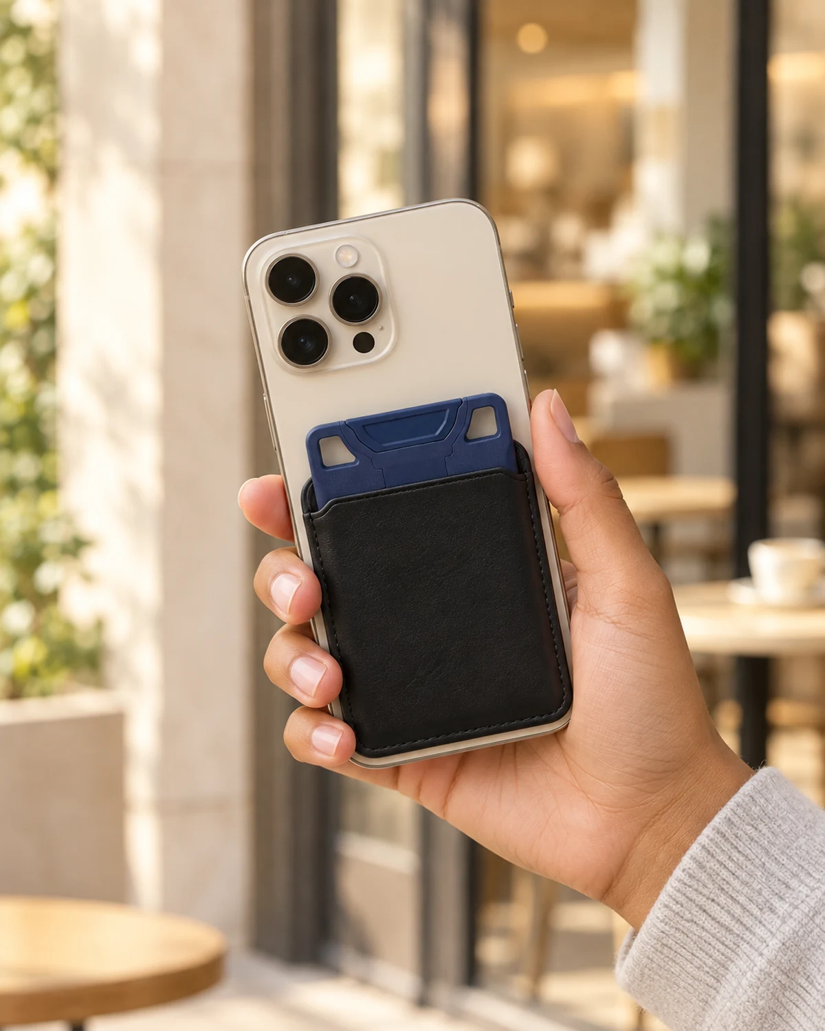 A navy VORO card fully seated in a separate black phone wallet, clear of the phone cameras.