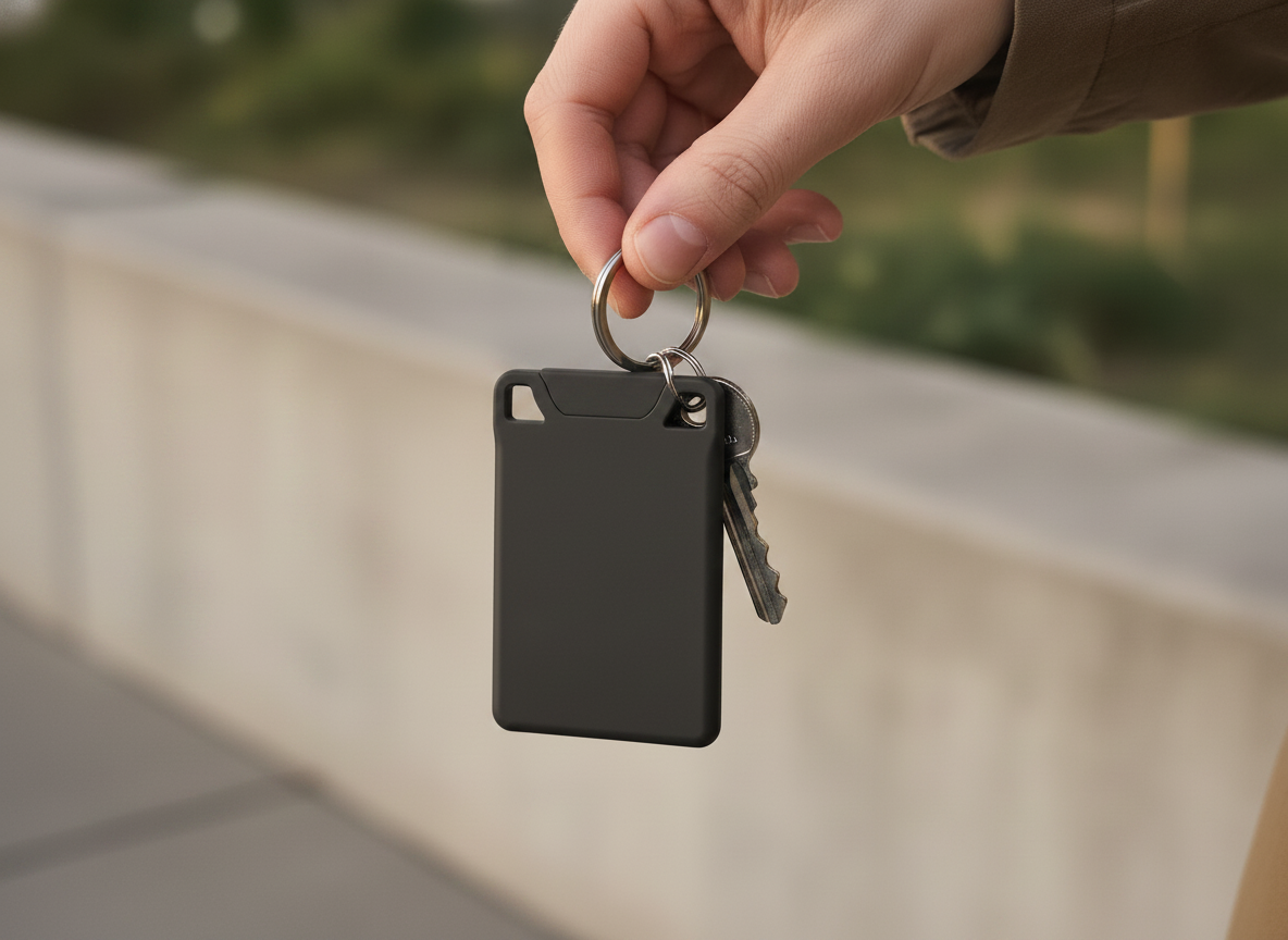 Charcoal VORO lip balm clipped to a keyring beside keys.