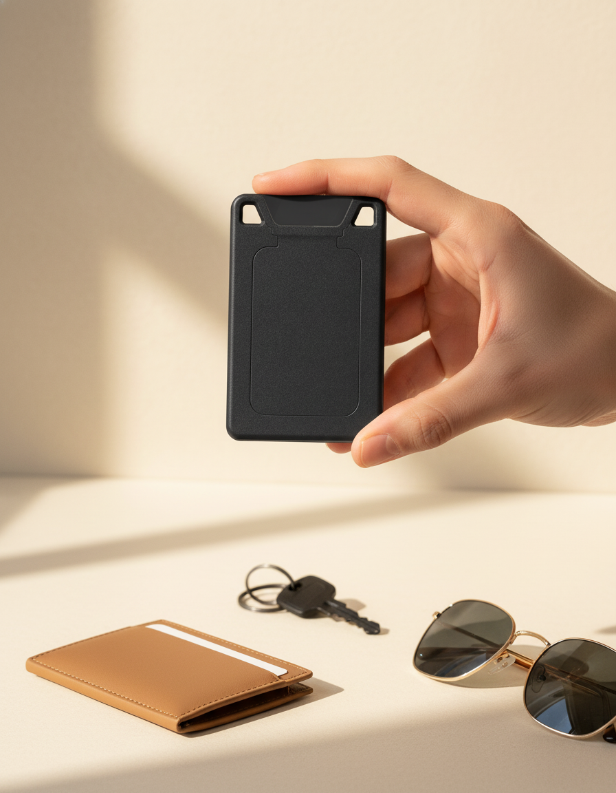 A hand holding a charcoal VORO lip balm above a slim leather cardholder, keys, and sunglasses.