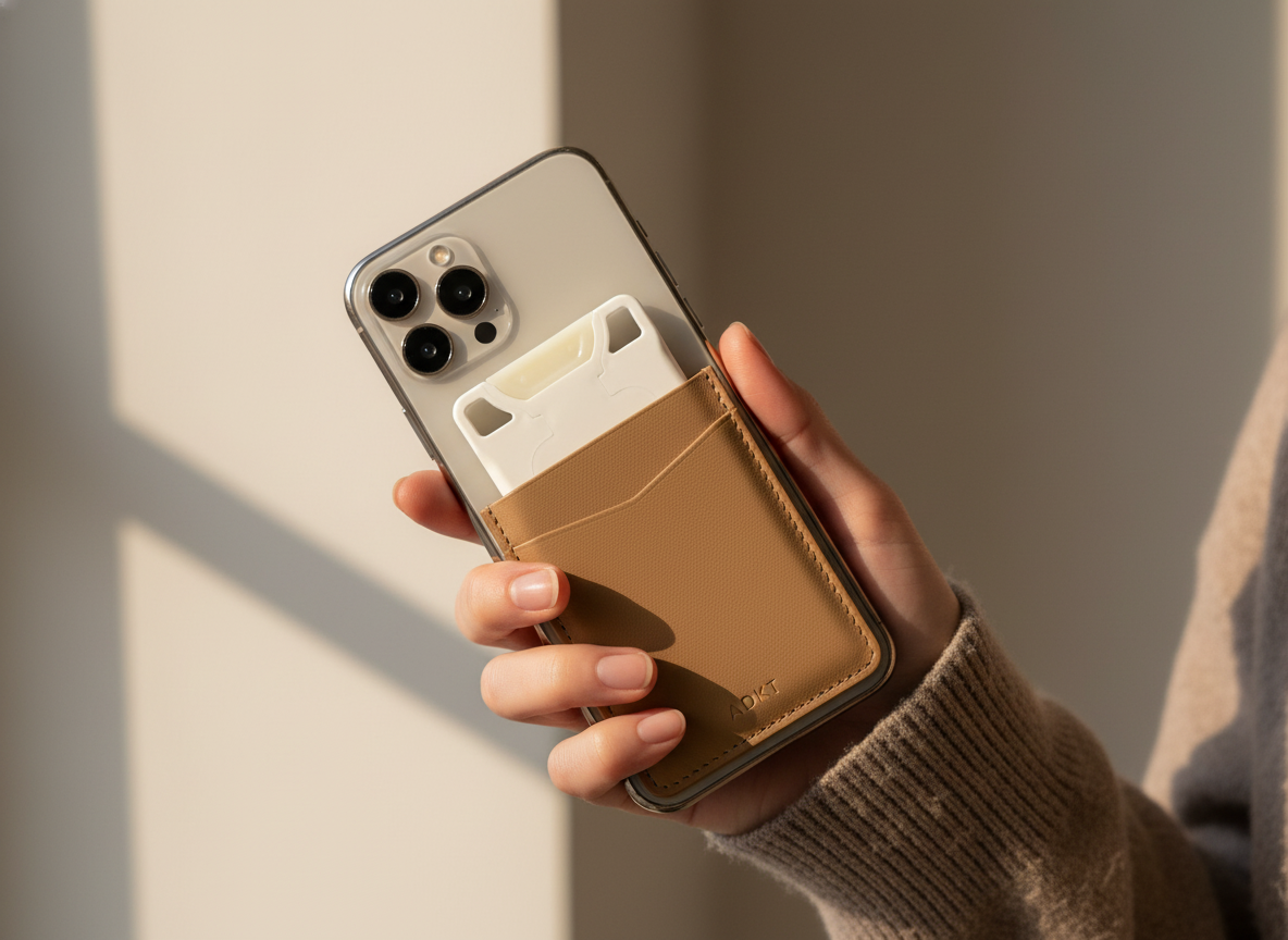 Warm white VORO lip balm tucked into a phone-back wallet.
