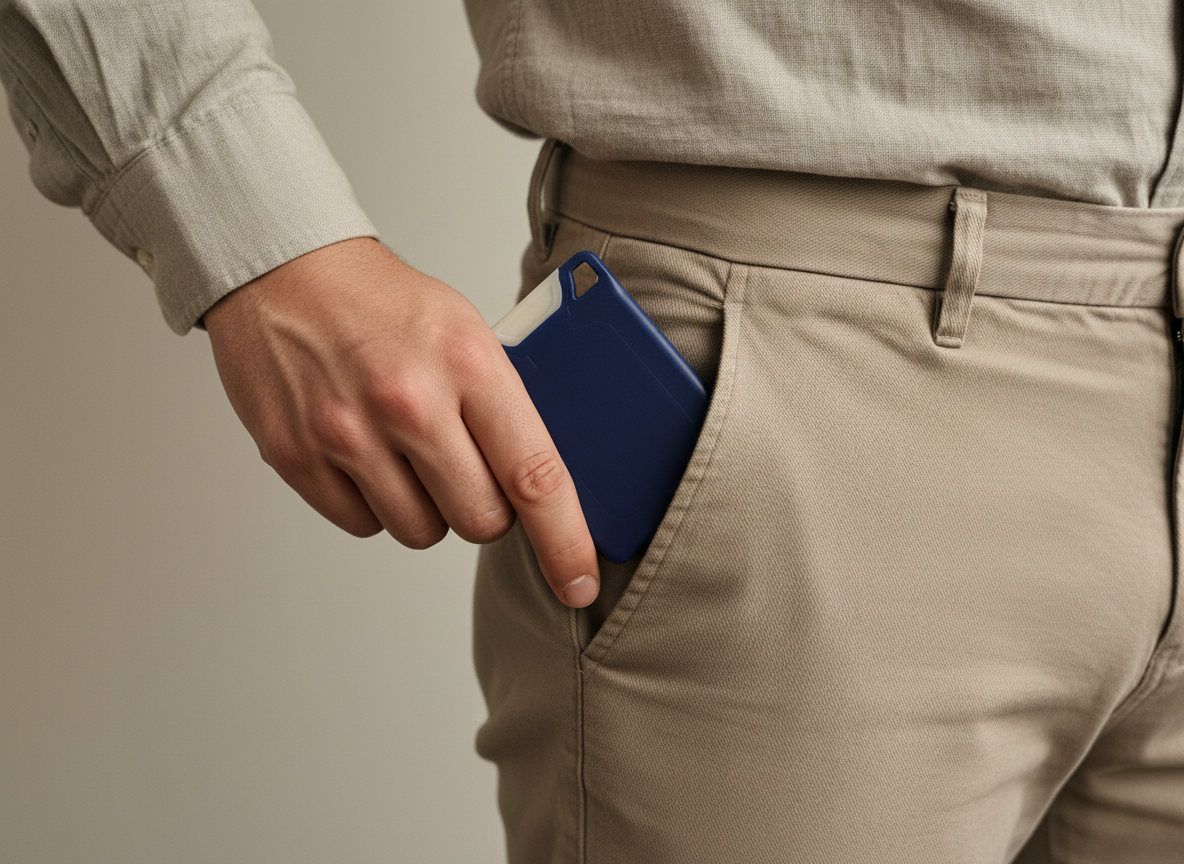 A man sliding a slim navy VORO lip balm flat into his chino pocket.