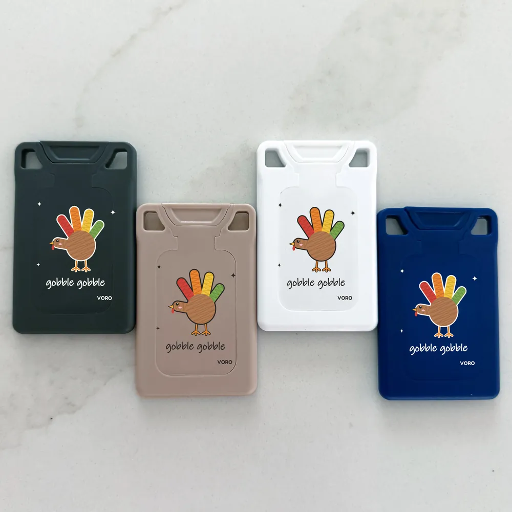 The Hand Turkey design set: four VORO cards printed with a crayon hand turkey and gobble gobble.