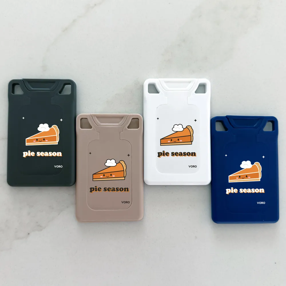 The Pie Season design set: four VORO cards printed with a slice of pumpkin pie over pie season type.