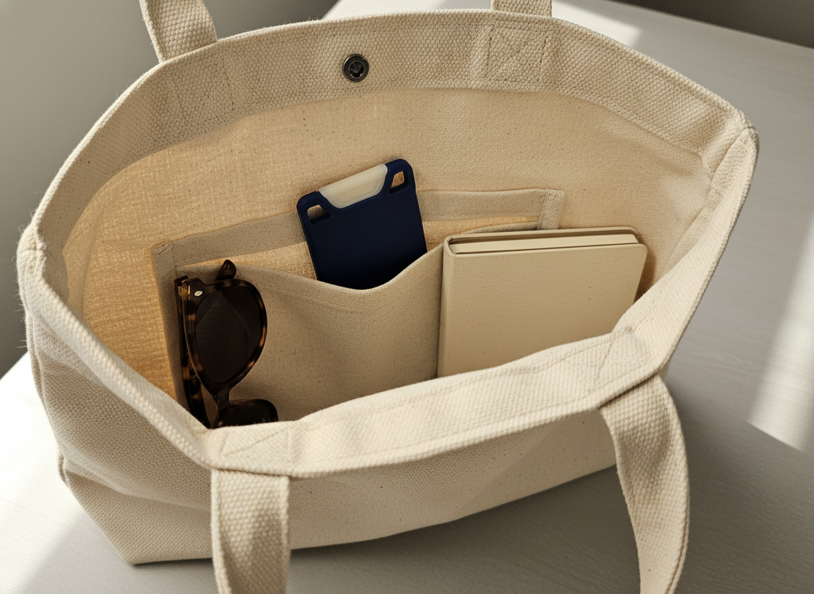 A navy VORO lip balm upright in the inner pocket of a canvas tote bag.