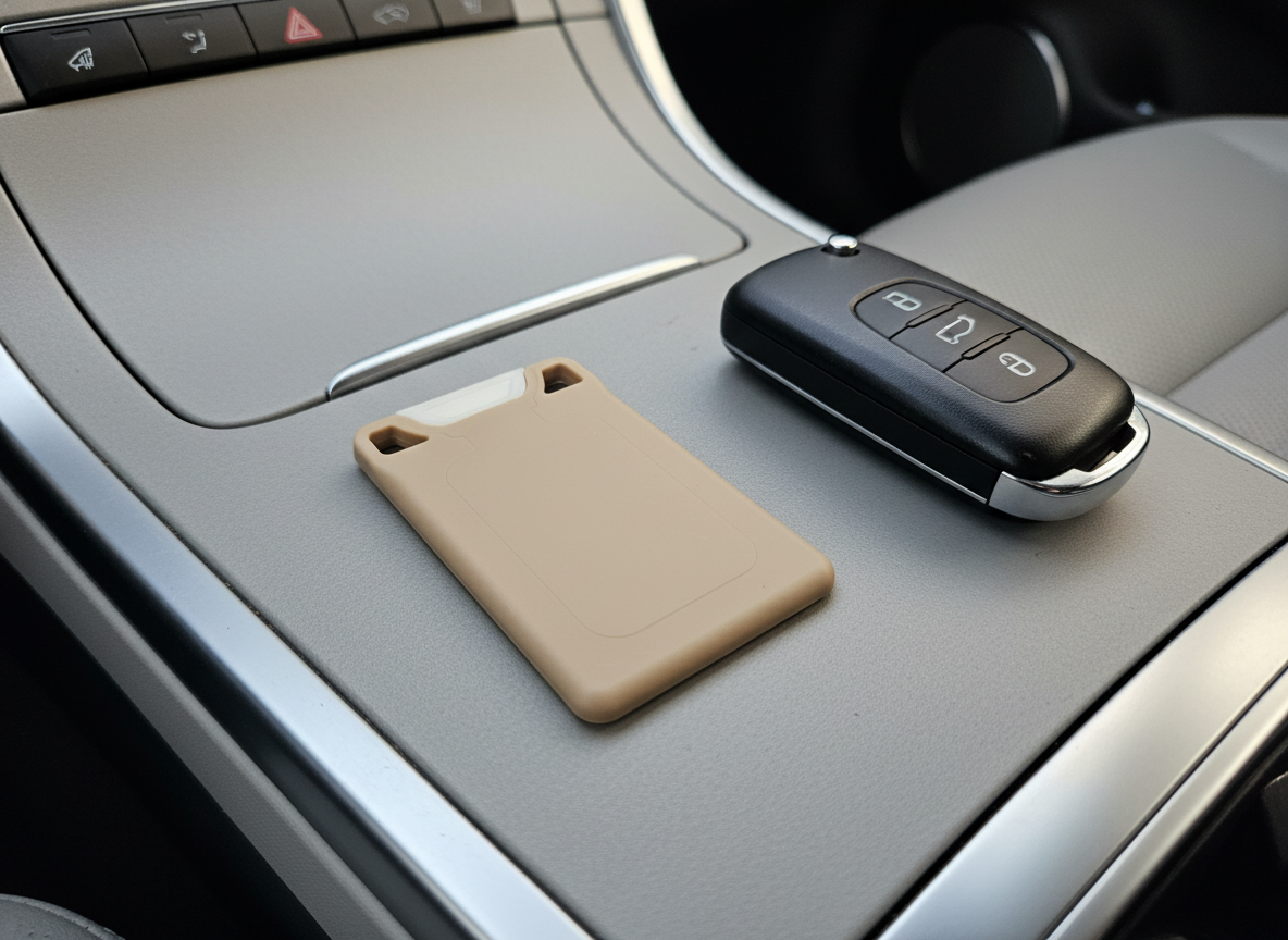 A pistachio shell VORO lip balm in a car center-console tray beside a car key.
