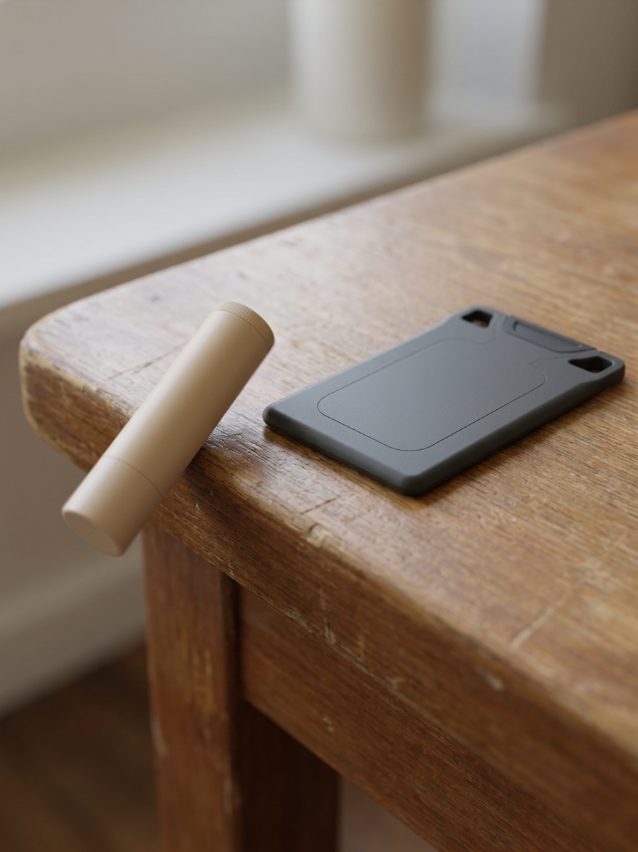 A round lip balm tube tips off the table edge while VORO lies flat and stays put.
