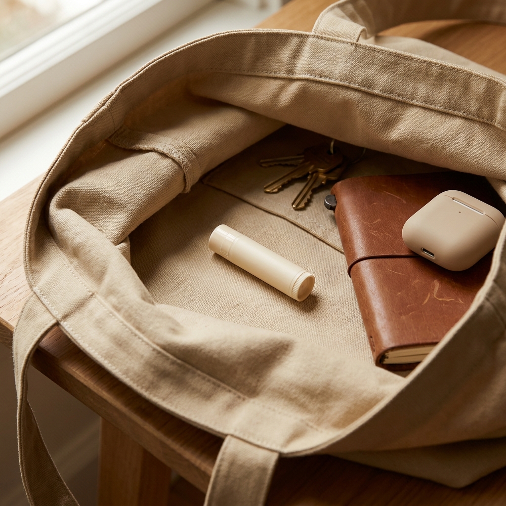 A round lip balm tube buried under clutter at the bottom of a tote bag.