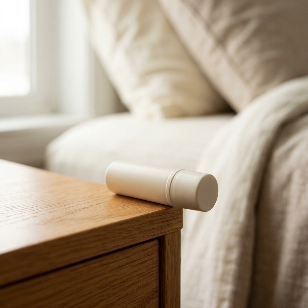 A round lip balm tube rolling off the edge of a nightstand.