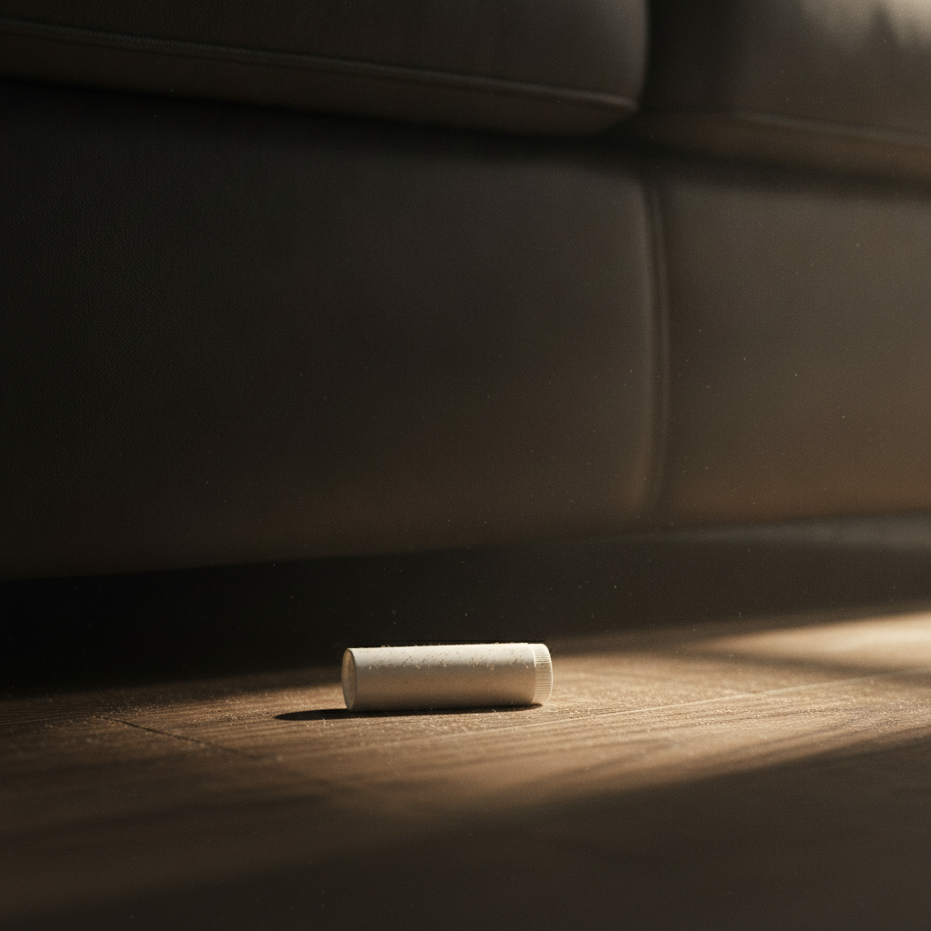A dusty lip balm tube forgotten under a couch.
