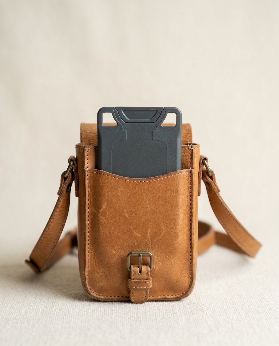 A charcoal VORO peeking out of the front pocket of a leather crossbody bag.