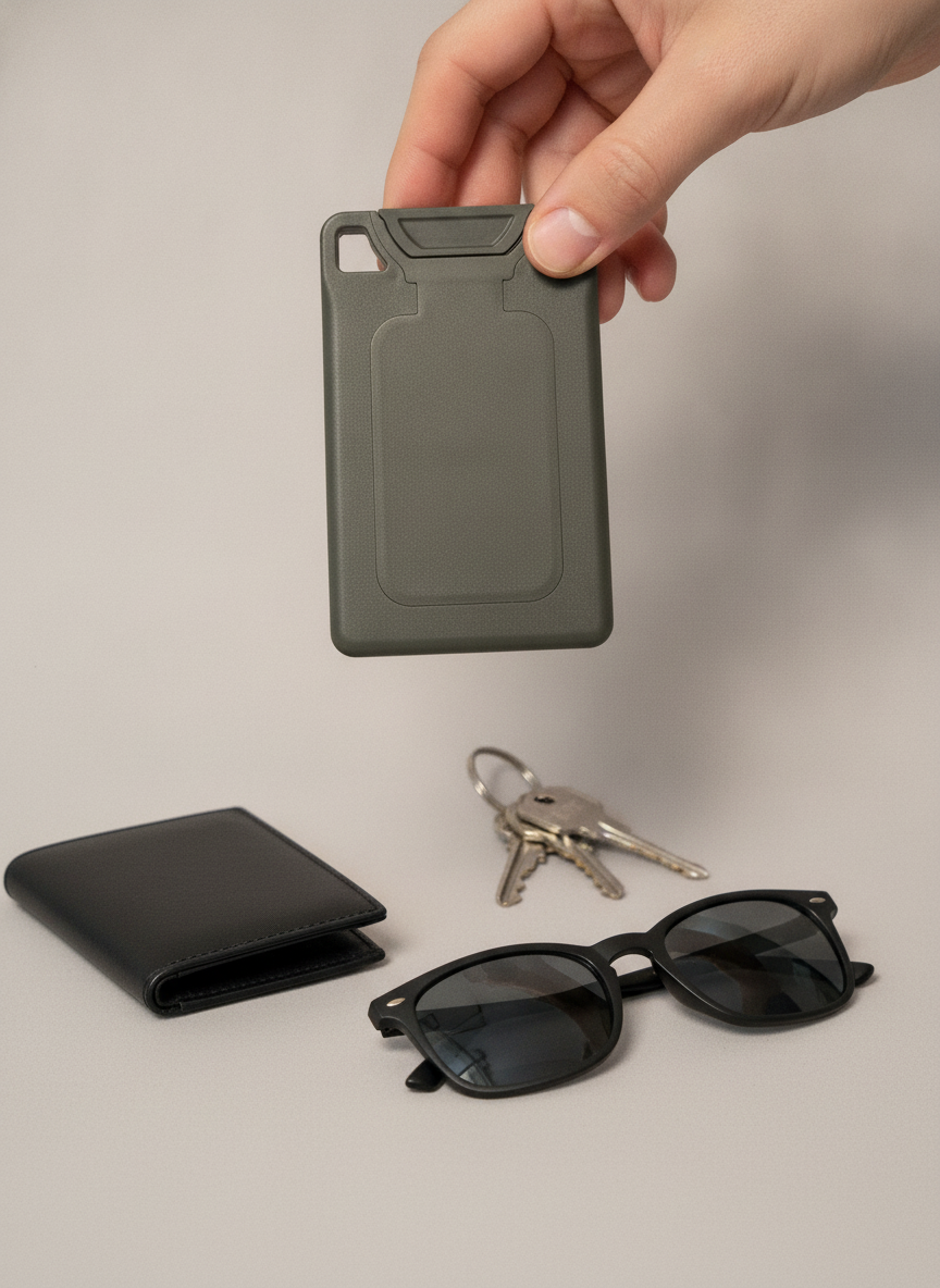 A hand holding a charcoal VORO card above a wallet, keys, and sunglasses.