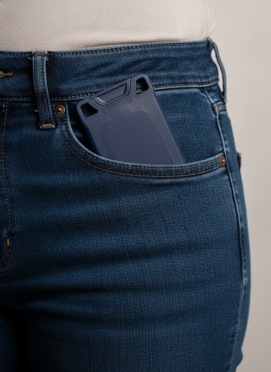 A navy VORO sitting flat in the front pocket of a pair of jeans.