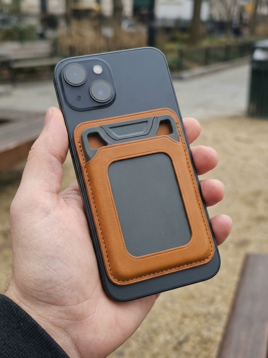 Charcoal VORO riding in a leather phone wallet.