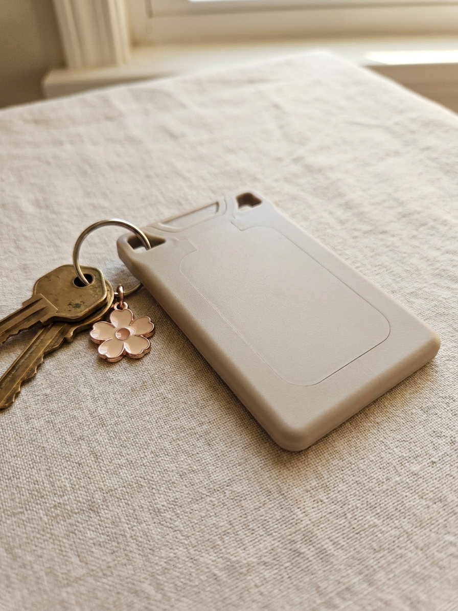 Pistachio VORO clipped to a keychain with keys.