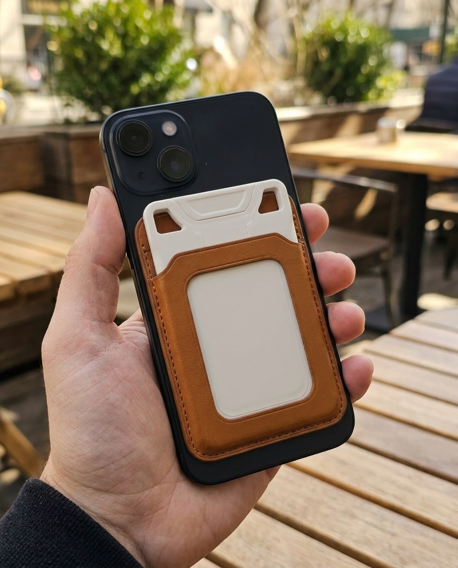 A white VORO tucked into a leather MagSafe wallet on the back of a phone, held in one hand.