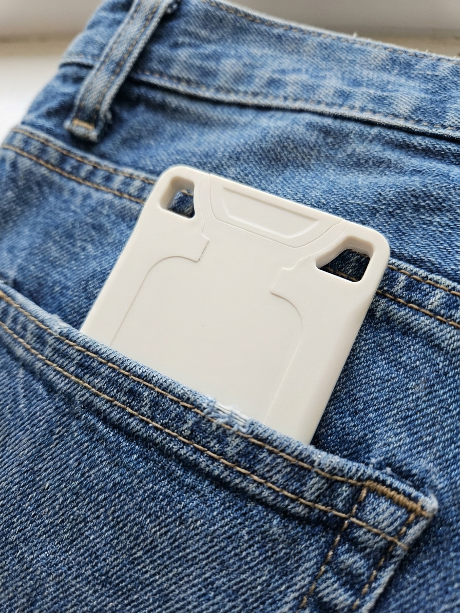 White VORO flat in a jeans pocket. No bulge.